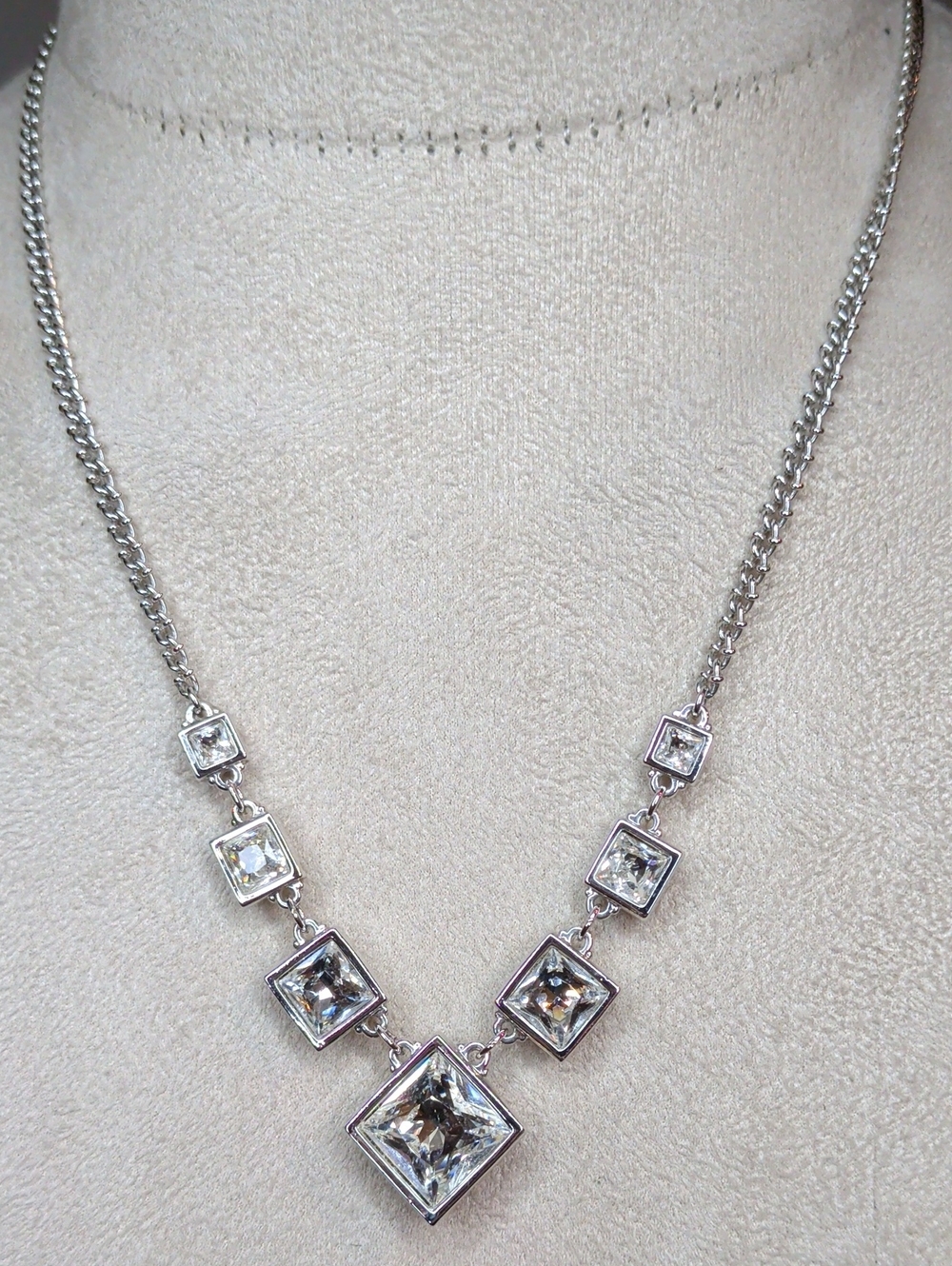Swarovski Square Crystal Pendant Necklace Silver Tone 21" Classic Timeless